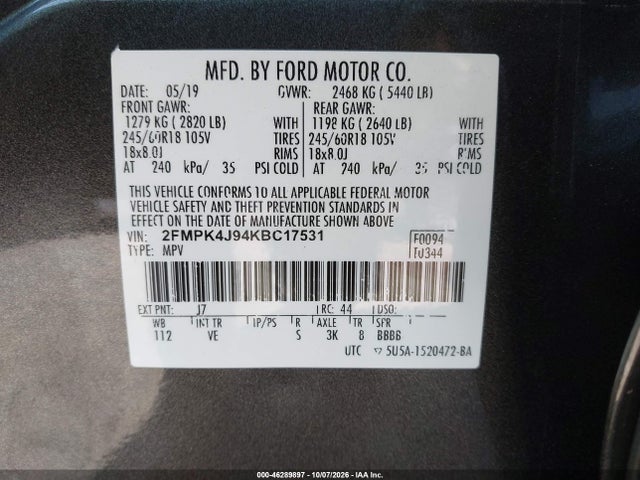 46289897 :رقم المزاد ، 2FMPK4J94KBC17531 vin ، 2019 Ford Edge Sel مزاد بيع