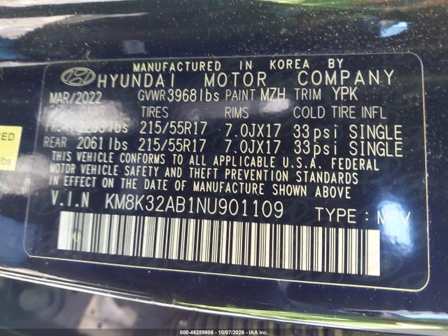 2022 Hyundai Kona Sel მანქანა იყიდება აუქციონზე, vin: KM8K32AB1NU901109, აუქციონის ნომერი: 46289906