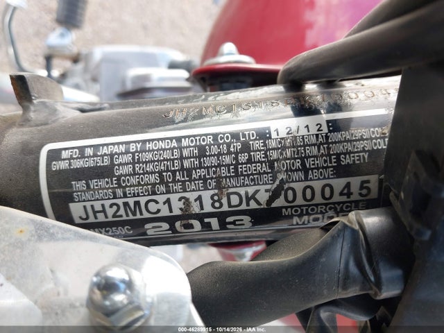 46289915 :رقم المزاد ، JH2MC1318DK700045 vin ، 2013 Honda Cmx250 C مزاد بيع