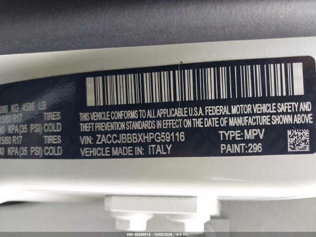 Продаж на аукціоні авто 2017 Jeep Renegade Latitude 4x4, vin: ZACCJBBBXHPG59116, номер лоту: 46289916