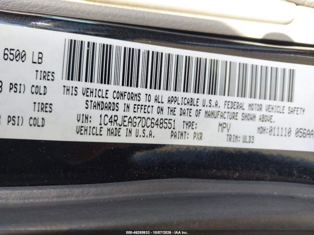 2013 Jeep Grand Cherokee Laredo მანქანა იყიდება აუქციონზე, vin: 1C4RJEAG7DC648551, აუქციონის ნომერი: 46289933