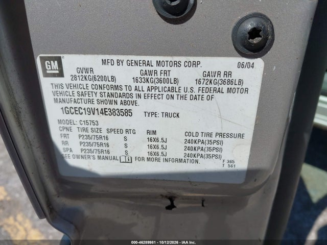 46289981 :رقم المزاد ، 1GCEC19V14E383585 vin ، 2004 Chevrolet Silverado 1500 Ls مزاد بيع