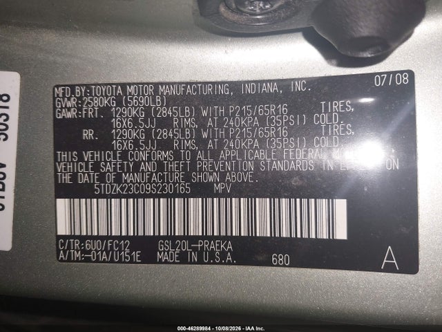 46289984 :رقم المزاد ، 5TDZK23C09S230165 vin ، 2009 Toyota Sienna Le مزاد بيع