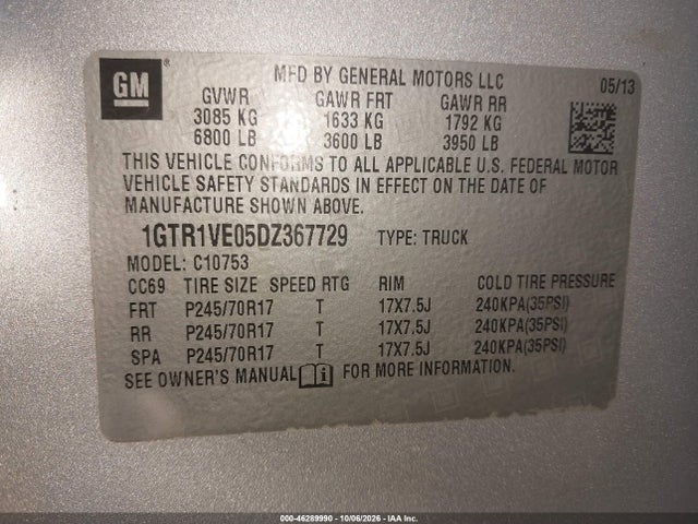 2013 Gmc Sierra 1500 Sle მანქანა იყიდება აუქციონზე, vin: 1GTR1VE05DZ367729, აუქციონის ნომერი: 46289990