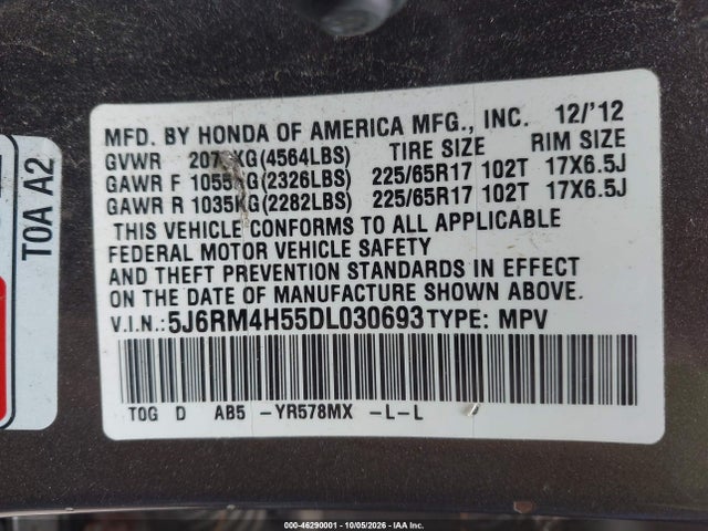 Продаж на аукціоні авто 2013 Honda Cr-v Ex, vin: 5J6RM4H55DL030693, номер лоту: 46290001