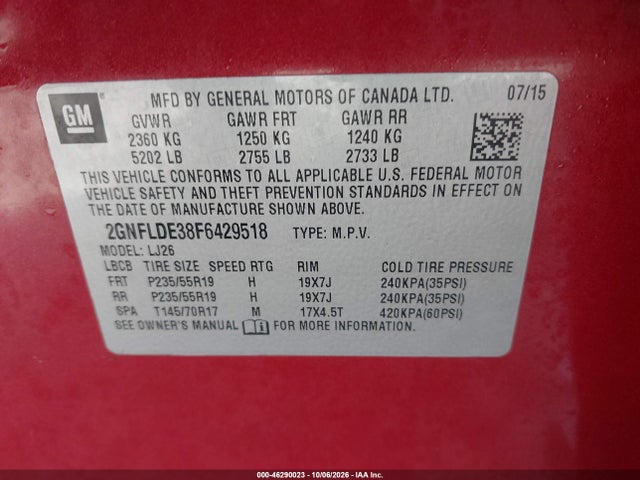 Aukcja sprzedaży 2015 Chevrolet Equinox Ltz, vin: 2GNFLDE38F6429518, numer aukcji: 46290023