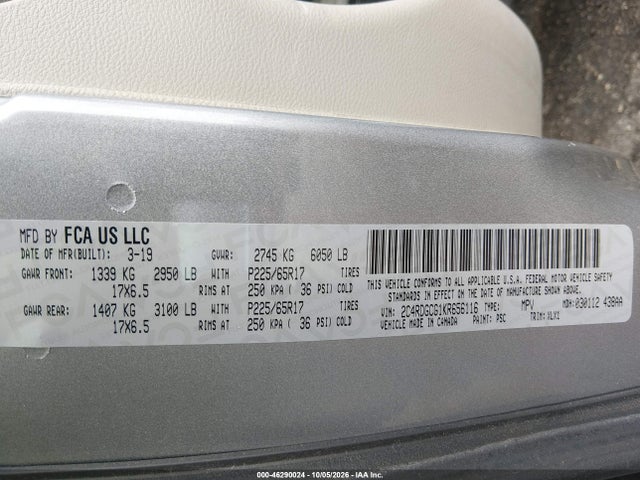 Aukcja sprzedaży 2019 Dodge Grand Caravan Sxt, vin: 2C4RDGCG1KR656116, numer aukcji: 46290024