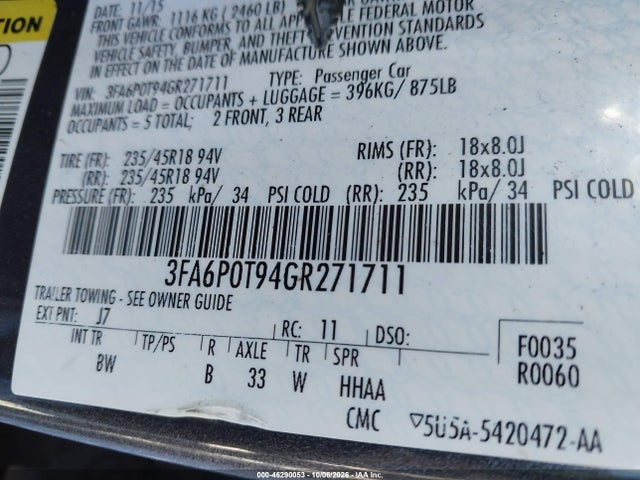 2016 Ford Fusion Se მანქანა იყიდება აუქციონზე, vin: 3FA6P0T94GR271711, აუქციონის ნომერი: 46290053