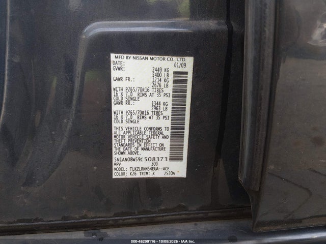 2009 Nissan Xterra S მანქანა იყიდება აუქციონზე, vin: 5N1AN08W59C508373, აუქციონის ნომერი: 46290116