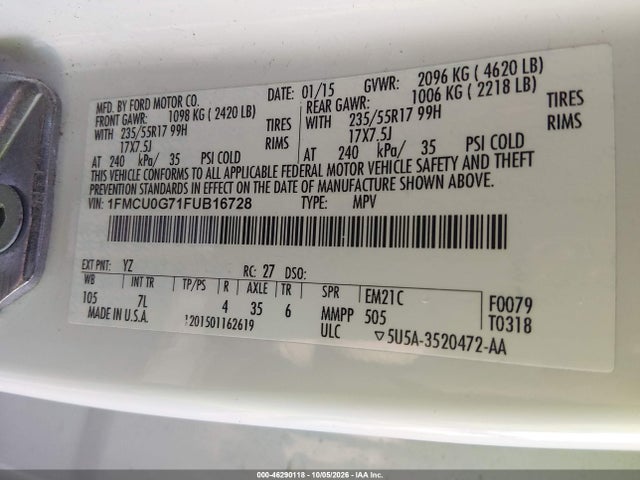 46290118 :رقم المزاد ، 1FMCU0G71FUB16728 vin ، 2015 Ford Escape Se مزاد بيع
