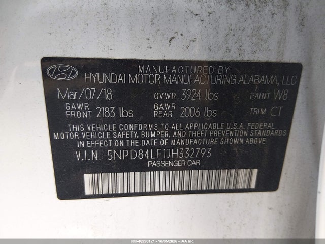 46290121 :رقم المزاد ، 5NPD84LF1JH332793 vin ، 2018 Hyundai Elantra Sel مزاد بيع