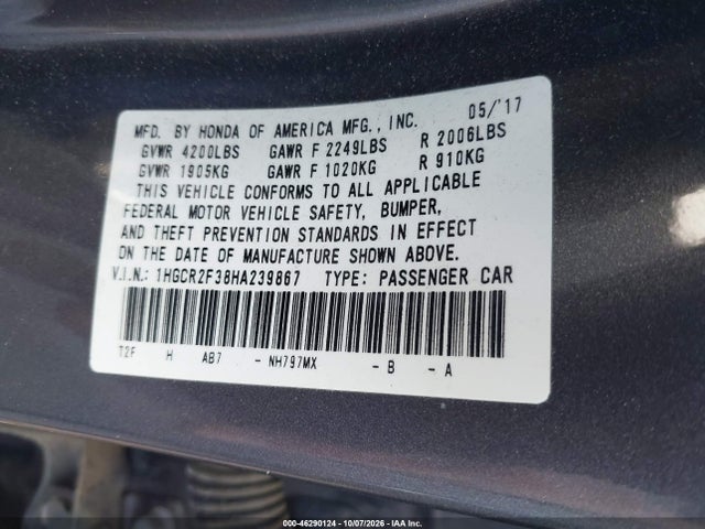 Aukcja sprzedaży 2017 Honda Accord Lx, vin: 1HGCR2F38HA239867, numer aukcji: 46290124