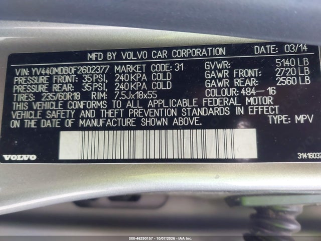 Aukcja sprzedaży 2015 Volvo Xc60 T5 Premier, vin: YV440MDB0F2602377, numer aukcji: 46290157