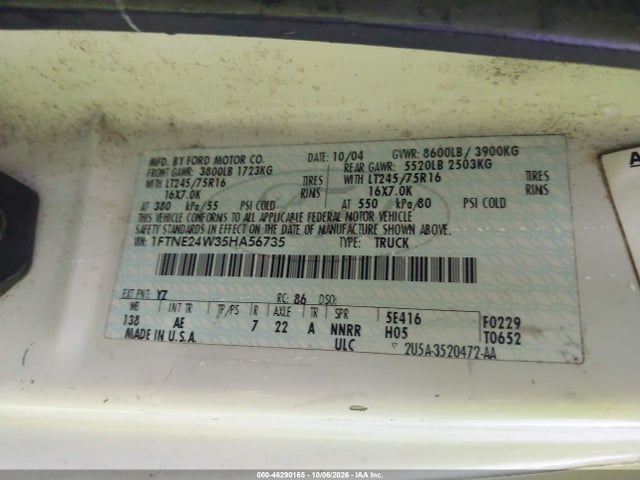 Продажа на аукционе авто 2005 Ford E-250 Commercial/recreational, vin: 1FTNE24W35HA56735, номер лота: 46290165