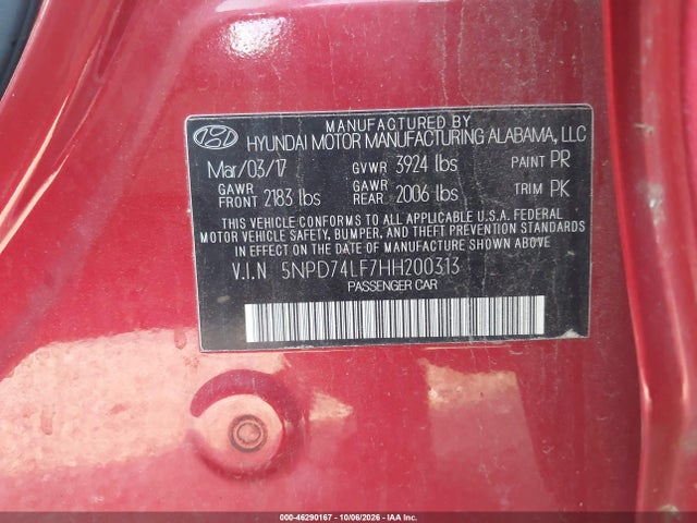 Aukcja sprzedaży 2017 Hyundai Elantra Se, vin: 5NPD74LF7HH200313, numer aukcji: 46290167