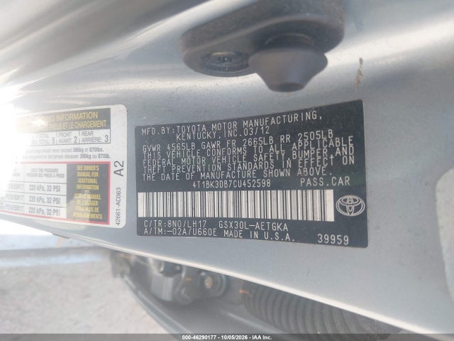 2012 Toyota Avalon მანქანა იყიდება აუქციონზე, vin: 4T1BK3DB7CU452598, აუქციონის ნომერი: 46290177