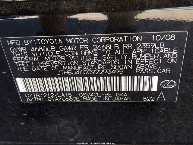 2009 Lexus Es 350 მანქანა იყიდება აუქციონზე, vin: JTHBJ46G092293495, აუქციონის ნომერი: 46290178