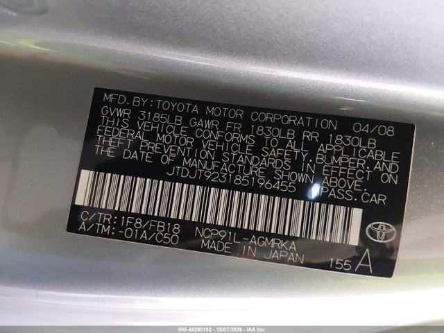 Aukcja sprzedaży 2008 Toyota Yaris, vin: JTDJT923185196455, numer aukcji: 46290192