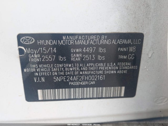 Aukcja sprzedaży 2015 Hyundai Sonata Se, vin: 5NPE24AF2FH002161, numer aukcji: 46290221