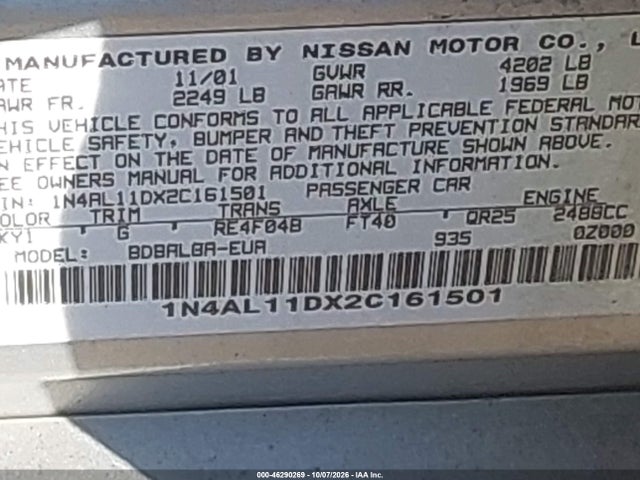 2002 Nissan Altima 2.5 S მანქანა იყიდება აუქციონზე, vin: 1N4AL11DX2C161501, აუქციონის ნომერი: 46290269
