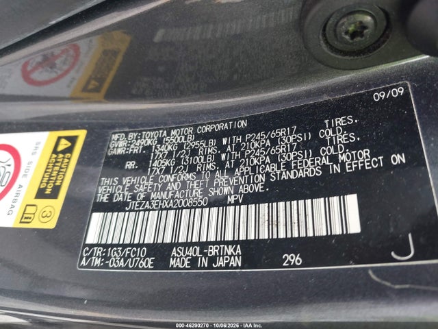 Aukcja sprzedaży 2010 Toyota Highlander, vin: JTEZA3EHXA2008550, numer aukcji: 46290270
