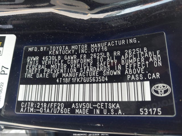 2016 Toyota Camry Se მანქანა იყიდება აუქციონზე, vin: 4T1BF1FK7GU563504, აუქციონის ნომერი: 46290287