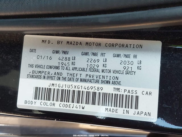 2016 Mazda Mazda6 I Sport მანქანა იყიდება აუქციონზე, vin: JM1GJ1U5XG1469589, აუქციონის ნომერი: 46290305