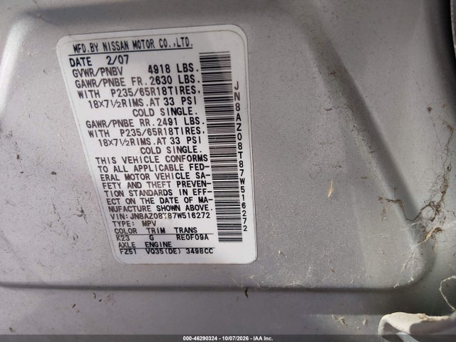 46290324 :رقم المزاد ، JN8AZ08T87W516272 vin ، 2007 Nissan Murano Sl مزاد بيع