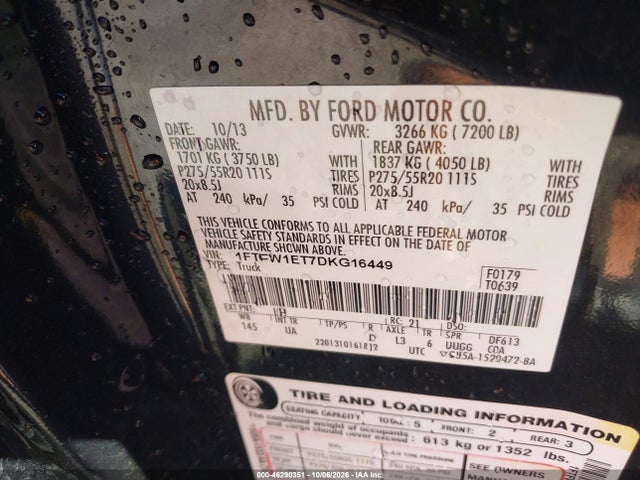2013 Ford F-150 Xlt მანქანა იყიდება აუქციონზე, vin: 1FTFW1ET7DKG16449, აუქციონის ნომერი: 46290351