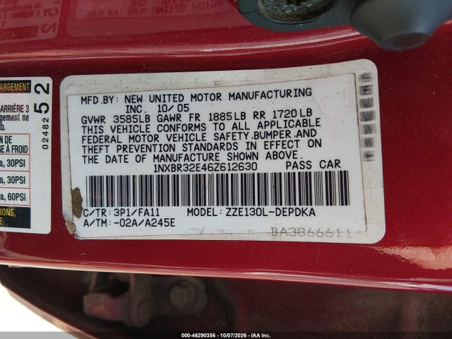 46290356 :رقم المزاد ، 1NXBR32E46Z612630 vin ، 2006 Toyota Corolla Ce مزاد بيع
