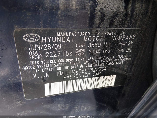 46290377 :رقم المزاد ، KMHDU46D69U823704 vin ، 2009 Hyundai Elantra Gls مزاد بيع