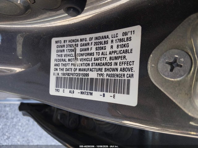 Продажа на аукционе авто 2012 Honda Civic Ex, vin: 19XFB2F87CE015099, номер лота: 46290386