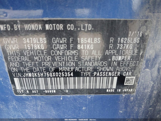 Aukcja sprzedaży 2016 Honda Fit Ex, vin: JHMGK5H75GX025354, numer aukcji: 46290408