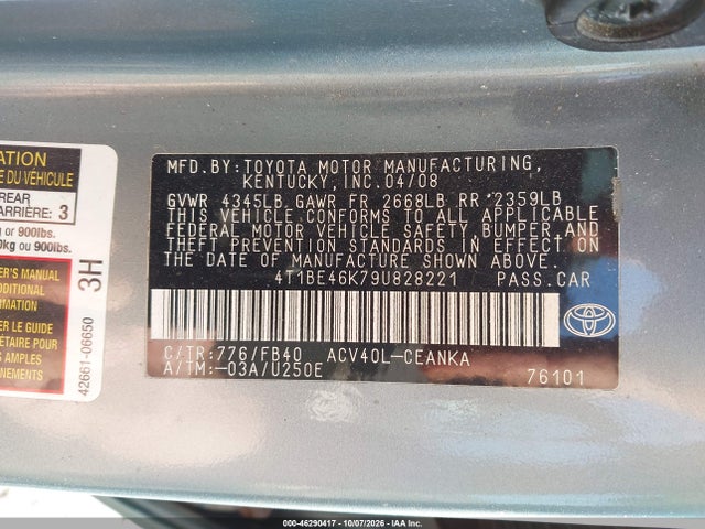 2009 Toyota Camry Le მანქანა იყიდება აუქციონზე, vin: 4T1BE46K79U828221, აუქციონის ნომერი: 46290417