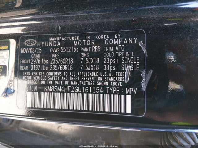 Продаж на аукціоні авто 2016 Hyundai Santa Fe Se, vin: KM8SM4HF2GU161154, номер лоту: 46290451