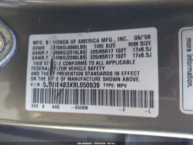 Продажа на аукционе авто 2008 Honda Cr-v Lx, vin: 5J6RE483X8L050939, номер лота: 46290474