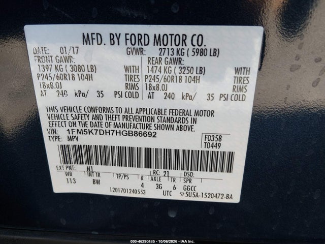 46290485 :رقم المزاد ، 1FM5K7DH7HGB86692 vin ، 2017 Ford Explorer Xlt مزاد بيع