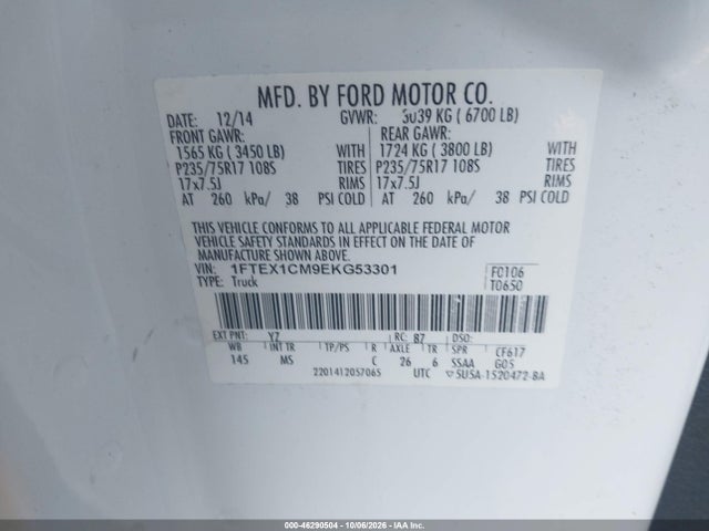 46290504 :رقم المزاد ، 1FTEX1CM9EKG53301 vin ، 2014 Ford F-150 Xlt مزاد بيع
