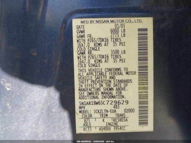 2005 Nissan Pathfinder Se მანქანა იყიდება აუქციონზე, vin: 5N1AR18W65C729629, აუქციონის ნომერი: 46290520