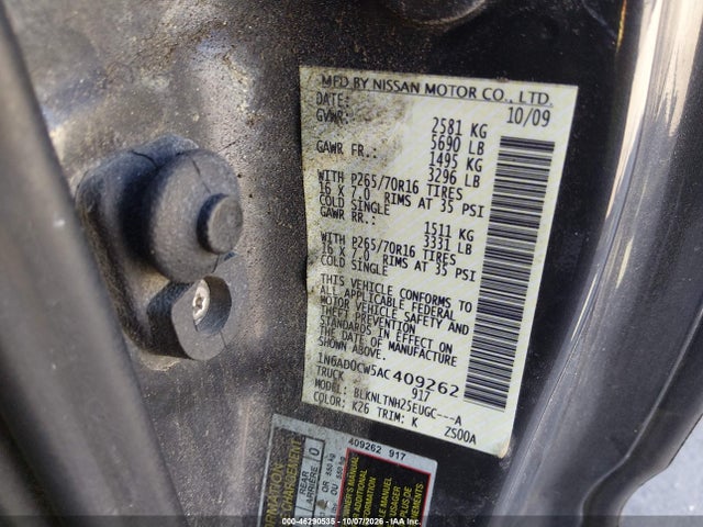 2010 Nissan Frontier Se მანქანა იყიდება აუქციონზე, vin: 1N6AD0CW5AC409262, აუქციონის ნომერი: 46290535