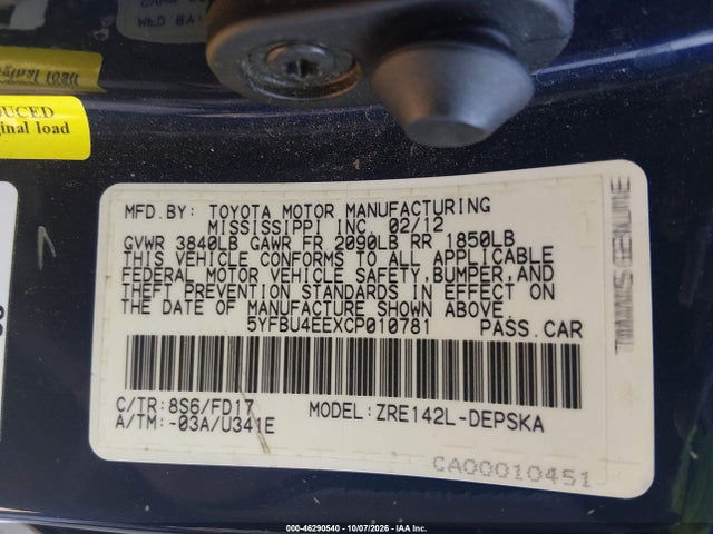 2012 Toyota Corolla S მანქანა იყიდება აუქციონზე, vin: 5YFBU4EEXCP010781, აუქციონის ნომერი: 46290540