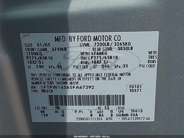 Продаж на аукціоні авто 2005 Ford F-150 Fx4/lariat/xlt, vin: 1FTPW14565FA67392, номер лоту: 46290542