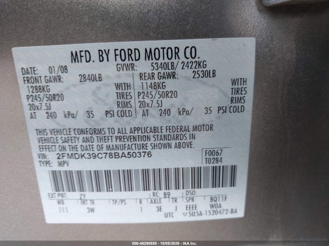 Продажа на аукционе авто 2008 Ford Edge Limited, vin: 2FMDK39C78BA50376, номер лота: 46290550