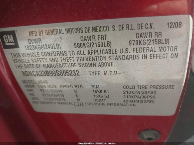 46290559 :رقم المزاد ، 3GNCA23B99S605232 vin ، 2009 Chevrolet Hhr Lt مزاد بيع