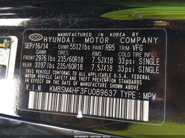 2015 Hyundai Santa Fe Gls მანქანა იყიდება აუქციონზე, vin: KM8SM4HF3FU089637, აუქციონის ნომერი: 46290578