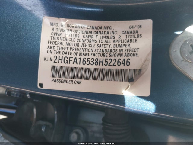 Продаж на аукціоні авто 2008 Honda Civic Lx, vin: 2HGFA16538H522646, номер лоту: 46290582