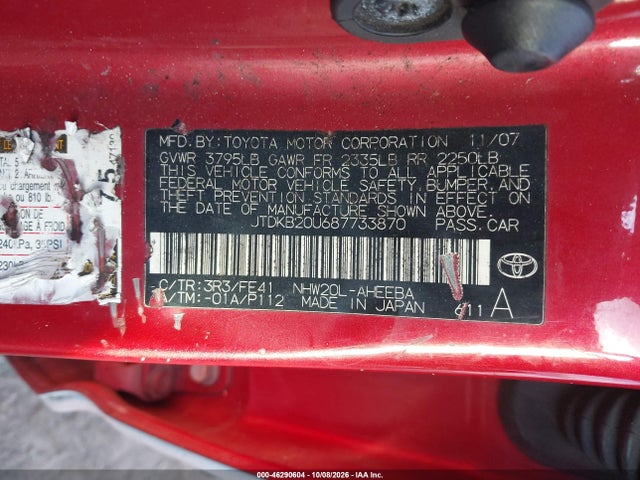 46290604 :رقم المزاد ، JTDKB20U687733870 vin ، 2008 Toyota Prius مزاد بيع