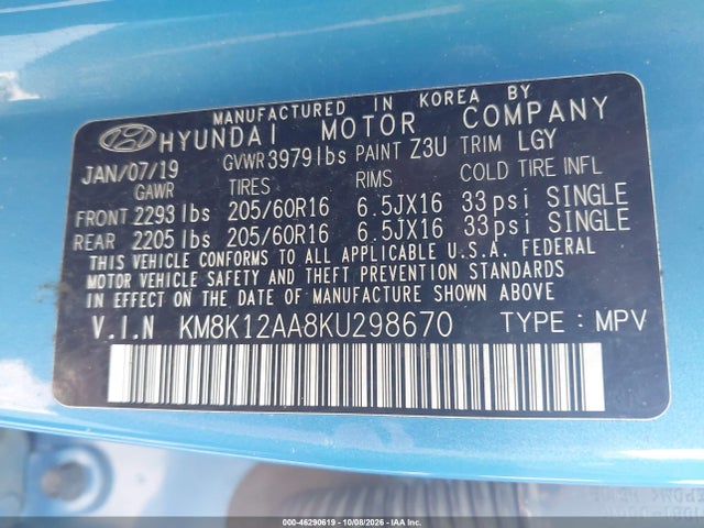 Aukcja sprzedaży 2019 Hyundai Kona Se, vin: KM8K12AA8KU298670, numer aukcji: 46290619