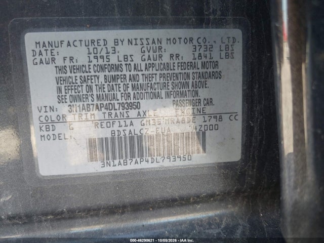 46290621 :رقم المزاد ، 3N1AB7AP4DL793950 vin ، 2013 Nissan Sentra S مزاد بيع