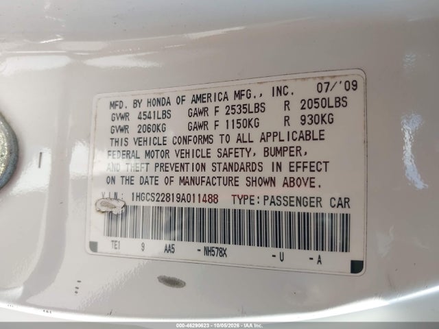 Aukcja sprzedaży 2009 Honda Accord 3.5 Ex-l, vin: 1HGCS22819A011488, numer aukcji: 46290623